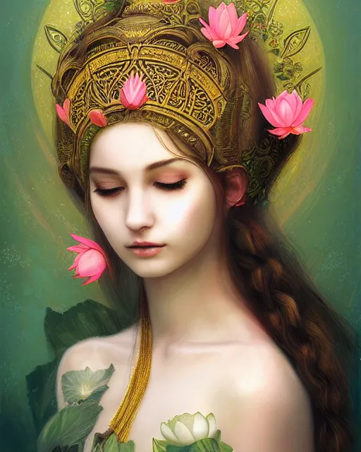 Image similar to the goddess of summer, with lotus on her head, half - length head portrait, dreamy, beautiful, by wlop