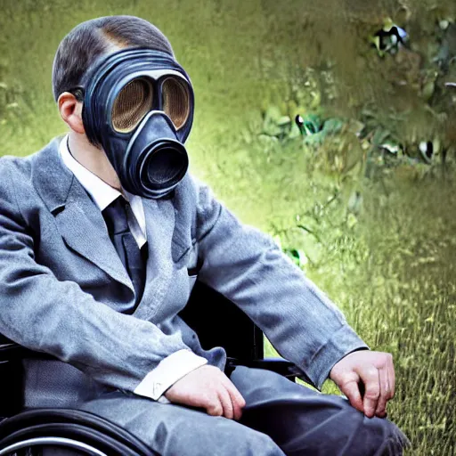 Image similar to gas mask guy in a wheelchair, realistic, old photograph