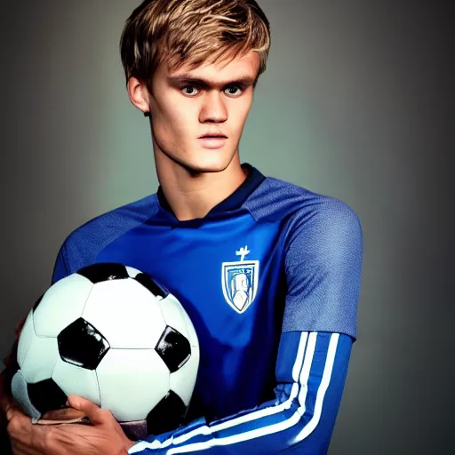 Image similar to a realistic detailed photo of a guy who is an attractive humanoid who is half robot and half humanoid, who is a male android, soccer player martin ødegaard, shiny skin, posing like a statue, blank stare, in a living room, on display, showing off his muscles