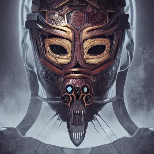 Image similar to Very very very very highly detailed epic central composition photo of demonic face with hockey mask, intricate, dystopian, sci-fi, extremely detailed, digital painting, artstation, concept art, smooth, sharp focus, illustration, intimidating lighting, incredible art, Octane render in Maya and Houdini