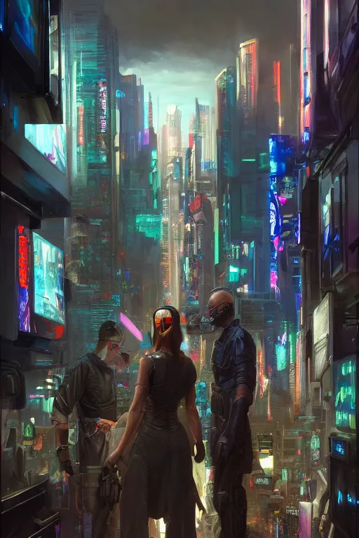 Image similar to cyberpunk samsung store, detailed, 8 k, trending on artstation, smooth, sharp focus artwork by mark arian, artgerm, mark keathley, greg rutkowski and alphonse mucha