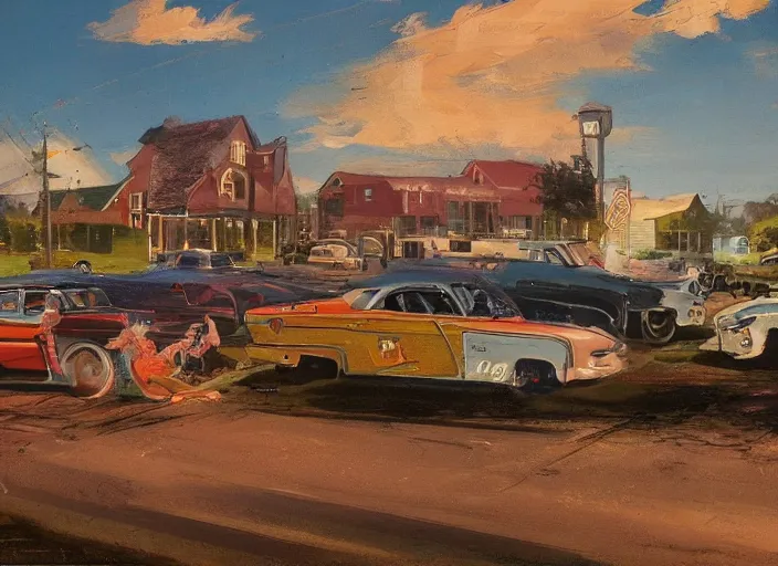 Image similar to concept art small rural town in middle america 1950s hotrods driving down a street , vintage, high detail, golden hour, 8K, by John Berkey