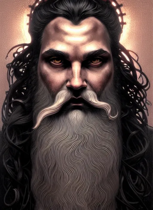 Image similar to furious god zeus, wavy black hair, bushy beard, glowing eyes, thunder forehead tattoo, volumetric lights, rose gold scheme, art nouveau botanicals, gothic, intricate, highly detailed, digital painting, artstation, concept art, smooth, sharp focus, symmetric face, illustration, steampunk, art by artgerm and greg rutkowski and alphonse mucha