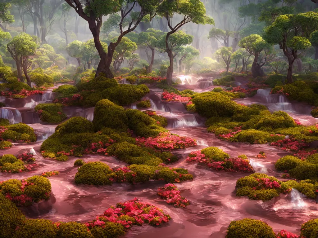 Image similar to an ultra realistic dream landscape of a chocolate river, trees made of candies cotton candy bushes roads made of buiscuits, octane render, unreal engine, 4 k, masterpiece, tilt shift, david lachapelle, alice in wonderland, trending on artstation,