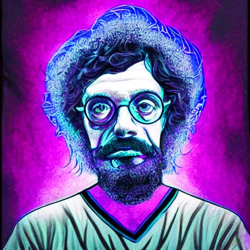 Image similar to Terence McKenna portrait as a magic mushroom. in style of blacklight poster