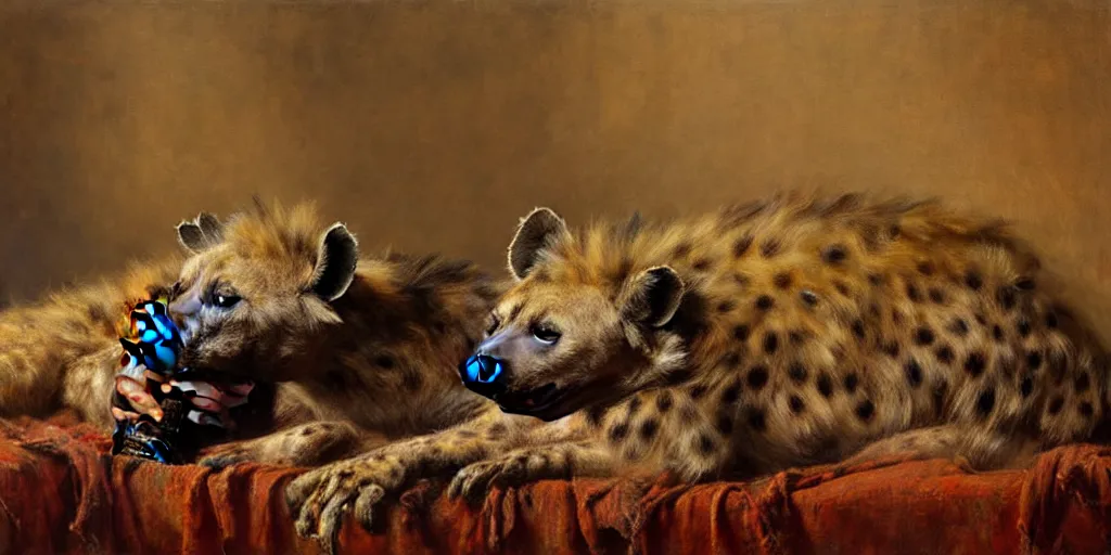 Image similar to an exhausted hyena girl in her studio with a bottle of whisky, fluffy, furry pelt, furry body. highly detailed painting by gaston bussiere, craig mullins, j. c. leyendecker 8 k