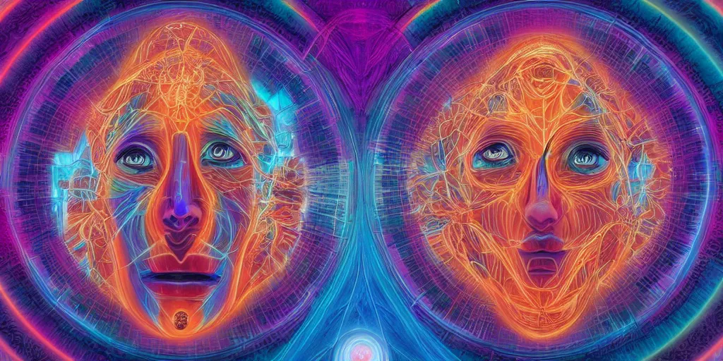 Image similar to trasnformation into transcendence into collaborative intelligence, endless collaboration with ai, connectedness, body, by alex grey, album cover, award winning, beautiful, colorful, volumetric lighting, trending on artstation, cinematic