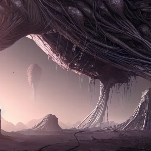 Image similar to a giant creature made out of visible arteries and veins and bones and muscles and spine and nerves, walking on an alien planet with aliens plants, alien breathtaking landscape, megalophobia, cinematic lighting, concept art, artstation