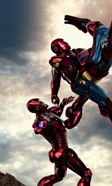 Image similar to full shot photograph of jesus christ being carried by iron man on doomsday, photorealistic, cinematic lighting, extremely detailed, marvel cinematic universe