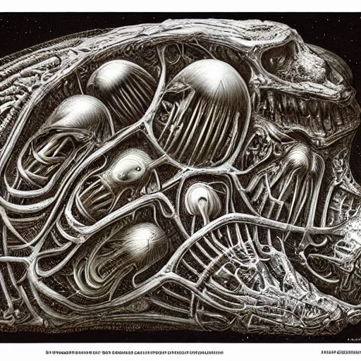 Prompt: the origin of life, highly detailed, artwork by H.R. Giger