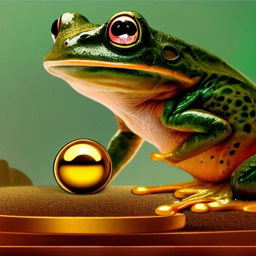 Image similar to long shot of a cute frog playing with golden metal balls, by esao andrews, by m. w. kaluta, by pixar, volumetric light, rich colors, very humorous oil painting, realistic reflections, smooth, concept art, depth perception, high depth of field, 4 k, unreal engine 5, ultradetailed, hyperrealistic, artstation