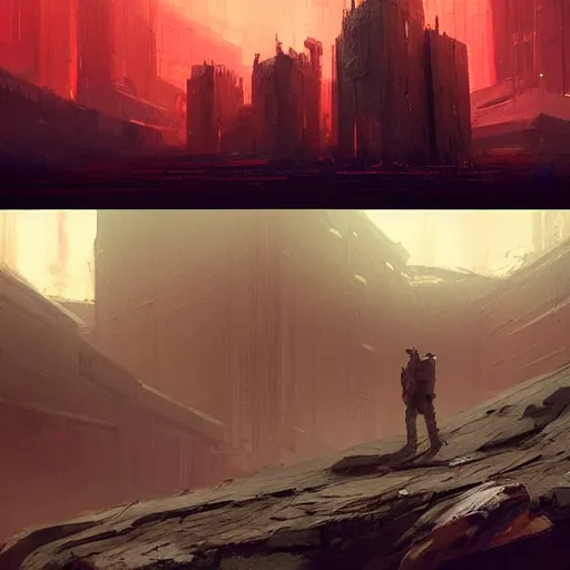 Image similar to concept art by greg rutkowski, desolate space colony exterior, megalithic brutalist buildings, harsh environment, reddish lighting, depressing atmosphere, scifi, highly detailed portrait, digital painting, artstation, concept art, smooth, sharp foccus ilustration, artstation hq