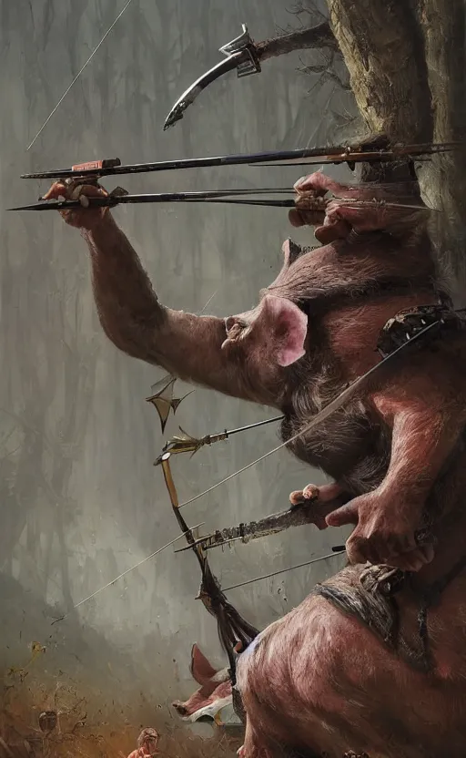 Image similar to portait of a pig archer shooting arrow at forest monster, front game card, drark, marvel comics, dark, intricate, highly detailed, smooth, artstation, digital illustration by ruan jia and mandy jurgens and artgerm and wayne barlowe and greg rutkowski and zdislav beksinski