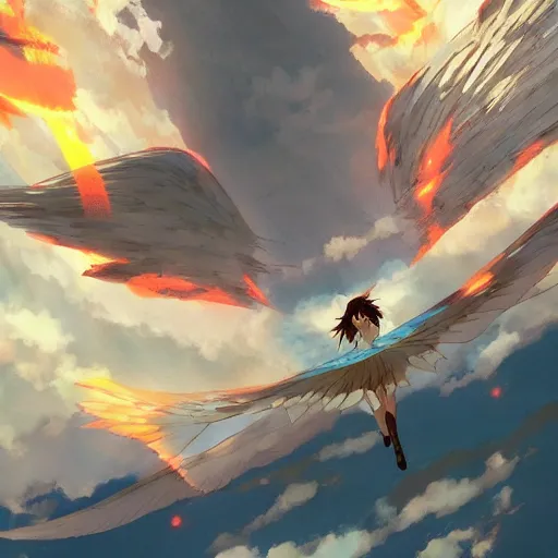 Image similar to Flight of the Icarus of the Flaming Wing, Anine style detailed, 4k hd, artstation, digital illustration by Makoto shinkai and Studio Ghibli, Kyoto Animation, featured on pixiv