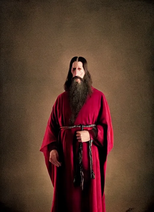 Prompt: full body portrait of RASPUTIN wearing a highly detailed deep purple and crimson robe with cloak. Cinematic dynamic lighting with backlight. Rasputin holds a machete in each hand. portrait by Annie Leibovitz