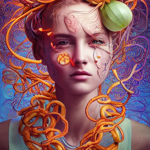 Image similar to the portrait of an unbelievably beautiful woman partially made of onion rings, an ultrafine detailed illustration by james jean, final fantasy, intricate linework, bright colors, behance contest winner, vanitas, angular, altermodern, unreal engine 5 highly rendered, global illumination, radiant light, detailed and intricate environment