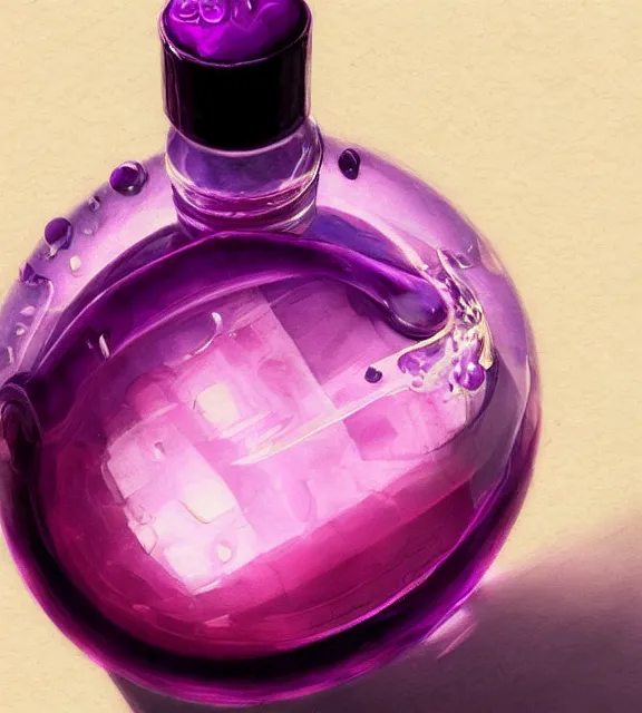 Prompt: a closeup of a purple potion in a round bottle on a messy desk. by makoto shinkai, stanley artgerm lau, wlop, rossdraws, james jean, andrei riabovitchev, marc simonetti, krenz cushart, sakimichan, d & d trending on artstation, digital art