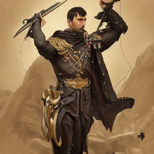 Prompt: portrait of stoic king john oliver, full body, military uniform, muscular, fantasy, intricate, elegant, beautiful, highly detailed, centered, dark, smokey, digital painting, artstation, concept art, smooth, sharp focus, illustration, art by artgerm and greg rutkowski and alphonse mucha