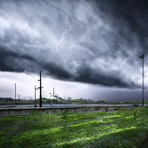 Image similar to Stormy sky with thunders, pipes and vaults system beneath, depth of field, blueshift render, photorealistic