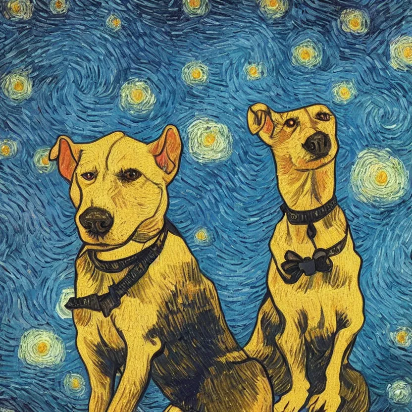 Image similar to studio portrait of a dog in the style of Starry Night; oil painting by Vincent van Gogh