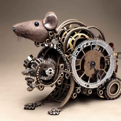 Image similar to rat made out of gears and tubes in a steampunk style, rusty, portrait, 4 k, high details, shiny