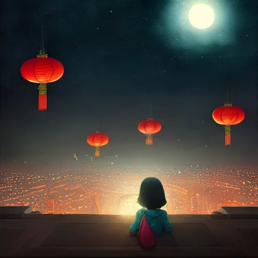 Image similar to a little girl watching hundreds of chinese sky lanterns in the night sky over a sci-fi city, by Greg Rutkowski