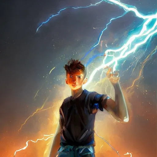 Image similar to a teen boy with glowing blue eyes sparkling with blue lightning in emotional turmoil. sparks. electricity. digital art. fantasy. matte painting sharp focus. action pose. dynamic poses. highly detailed. uhd. by repin. krenz cushart tianhua xu