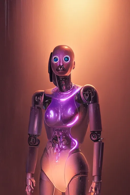 Prompt: attractive female i robot sticking tongue out sensually and sweating, torso portrait, intricate, elegant, purple volumetric lighting, scenery, digital painting, highly detailed, artstation, sharp focus, illustration, concept art, luis rollo, ruan jia, steve mccurry, john berkey