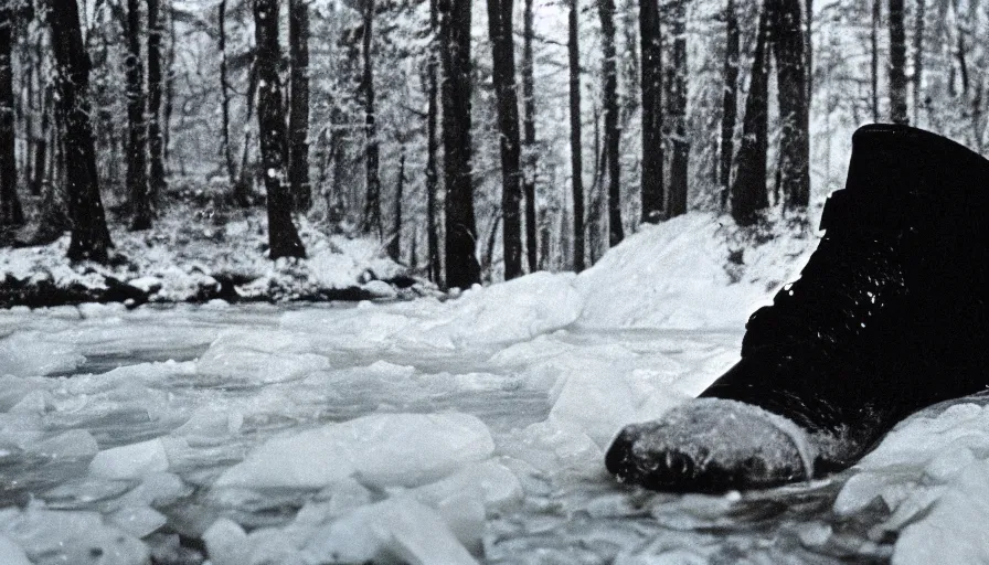 Image similar to 1 9 6 0 s movie still close up of marcus aurelius frozen to death, feets in a river, pine forests, cinestill 8 0 0 t 3 5 mm b & w, high quality, heavy grain, high detail, texture, dramatic light, anamorphic, hyperrealistic, foggy