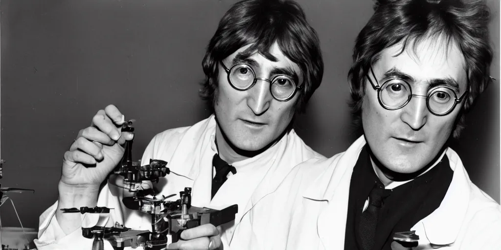 Prompt: John Lennon asa scientist working on a ufo, black & white photograph