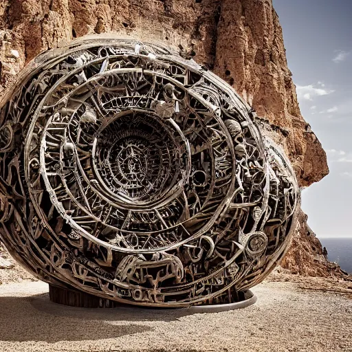 Image similar to a gigantic paleolothic torus made of stone with highly detailed carvings of intricate shamanic robotic electronics and circuitry, in a mediterranean lanscape, inside a valley overlooking the sea, in the style of michal karcz