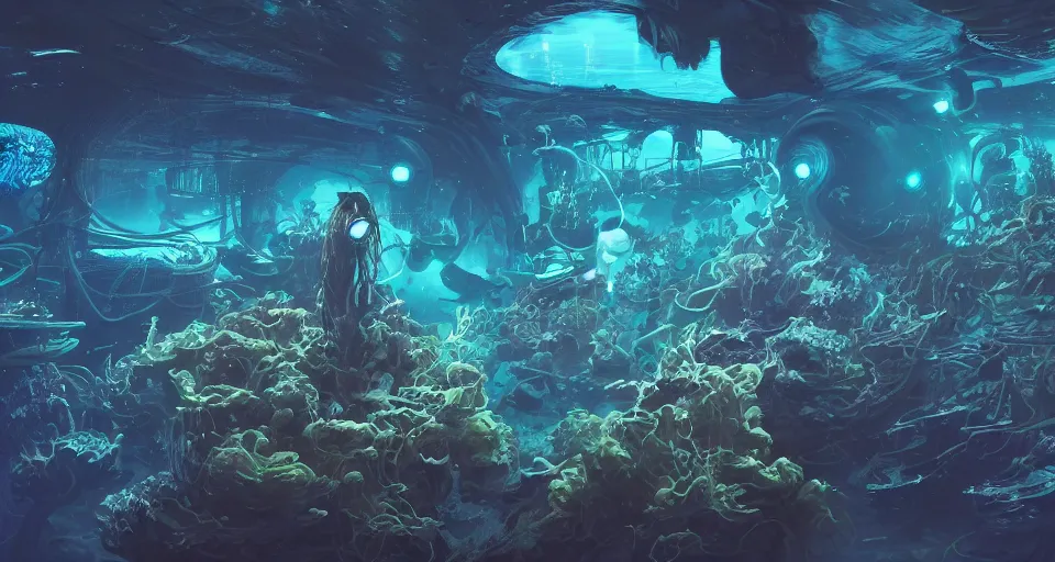 Prompt: bioluminescent underwater life, blue light, cyberpunk, deep ocean, bottom of the sea, dark, extreme depths, organic, mariana trench, midnight zone, bubbles, hyper realistic, hyper detailed, digital art, trending in artstation, studio quality, photorealistic, photo, by jesper ejsing, wlop, paul lehr