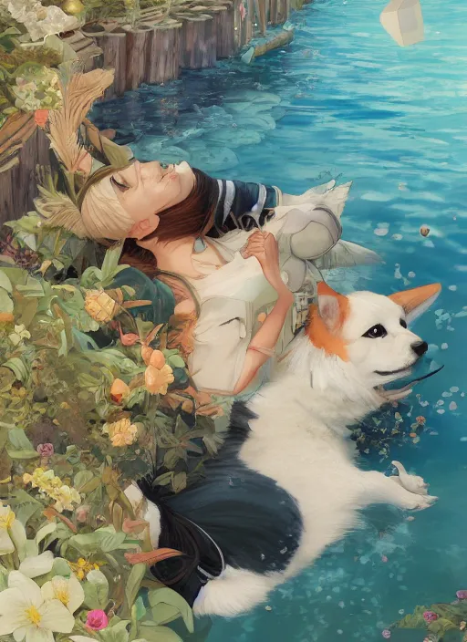 Prompt: beautiful fantasy anime painting of summer chill day with corgi, by Kenne Gregoire, James Jean, Tran Nguyen, WLOP, Jakub Rebelka. trending on Artstation, 8k, masterpiece, chill summer, graffiti paint, fine detail, full of color, intricate detail, golden ratio illustration