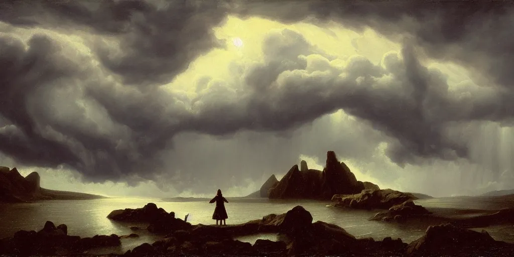 Image similar to a princess, slain giant monster, snowy tundra, storm clouds, dramatic lighting, hudson river school