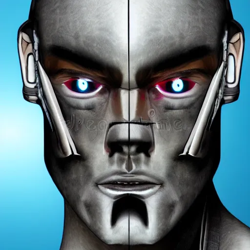 Image similar to man's face with a cyborg eye showing, hyperdetailed, realistic, high - resolution illustration that slightly looks like a comic character