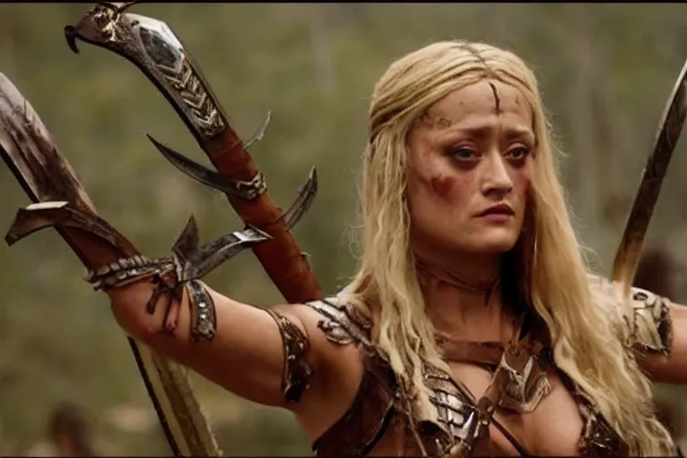 Prompt: A film still of an Olivia Taylor Dudley as a barbarian from Conan the Barbarian, high detail