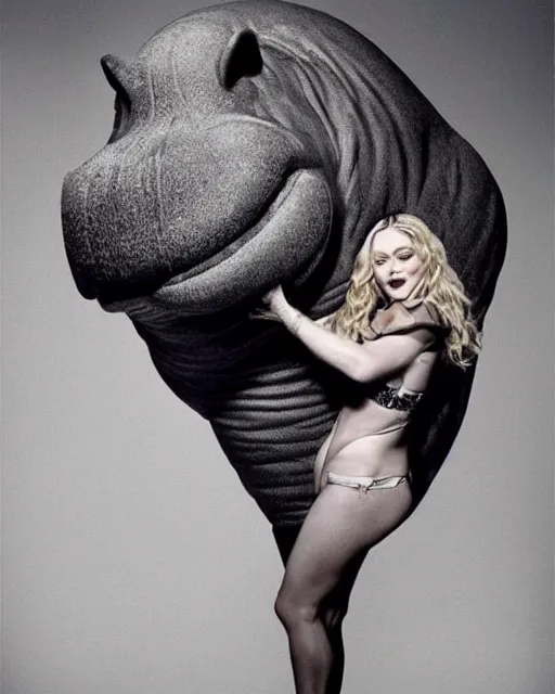 Prompt: singer Madonna as an anthropomorphic Hippo, photorealistic, photographed in the style of Annie Leibovitz