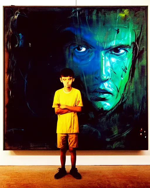 Image similar to an 8 years old enlightened and scared boy standing in front of an old computer from 90s with a game doom2 at the monitor screen painted by Adrian Ghenie and Willem de Kooning and Cy Twombly, still from a movie by Gaspar Noe and James Cameron. expressive acrylic flowing smudged painting