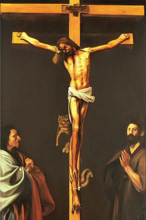 Prompt: “ garfield the cat on the cross in the painting ‘ christ crucified ’ by diego velazquez ”