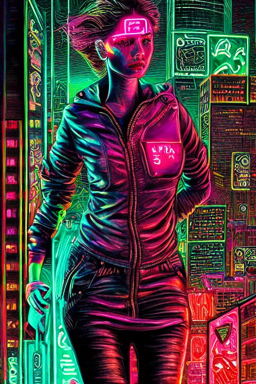 Prompt: dreamy cyberpunk girl, neon leather, detailed acrylic, grunge, intricate complexity, by dan mumford and by alberto giacometti, peter lindbergh