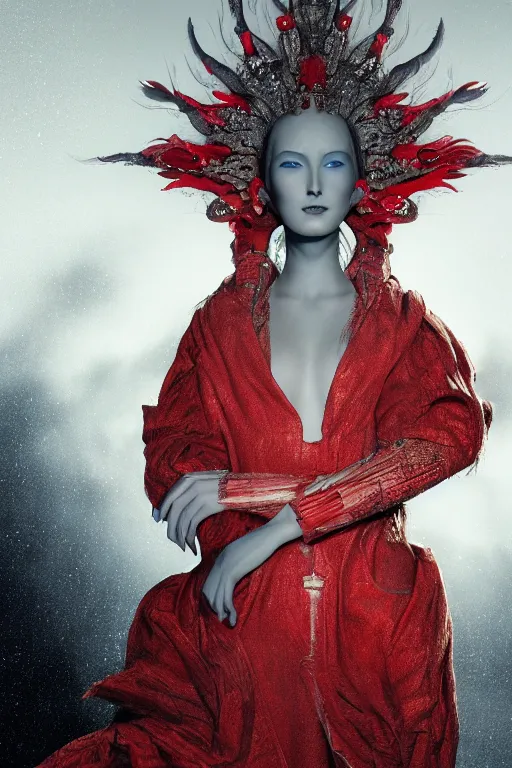 Prompt: extremely detailed movie shot closeup portrait of a beautiful empress girl, red fabric coat, black smoke and vapor in the background, by denis villenueve, yves tanguy, ernst haeckel, roger dean, amano, dynamic composition, rich moody colour, 8 k, uhd, zbrush, unreal engine, face symmetry, nice looking face