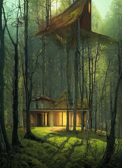 Image similar to hyper realistic witchy modern house with mood lighting and tech in the woods gorgeous lighting, sunbeams blue sky, highly detailed, lush forest foliage painting by zdzisław beksinski and norman rockwell and greg rutkowski weta studio, and lucasfilm