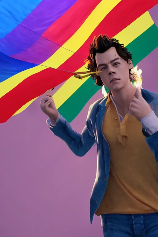 Image similar to Harry Styles burning a pride flag, high detail, volumetric lighting, trending on ArtStation, octane render