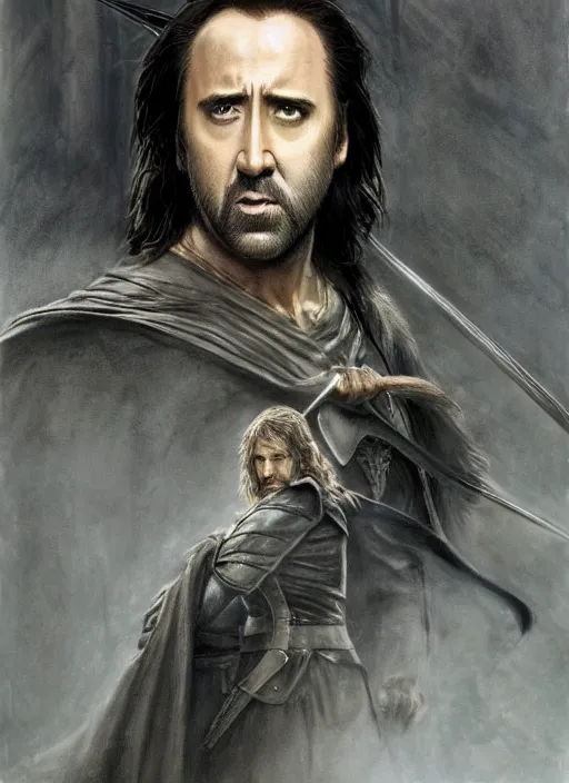 Image similar to portrait of nicolas cage as aragorn, action shot, strider, king elessar, by alan lee, lord of the rings, smooth, detailed terrain, oil painting, matte painting, concept art, trending on artstation, promotional artwork, film still, elegant, photorealistic facial features, intricate, detailed face, cinematic lighting