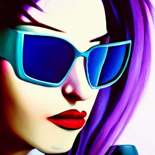 Image similar to closeup painting of a very beautiful young mexican cyberpunk woman with a smirk, light blue retro shades, and a purple coloured leather jacket, one side haircut, long brown hair with light blue ends, portrait, sci - fi, hyperdetailed, artstation, cgsociety, synthwave by tangerine dream, by jean - michel jarre, by vangelis, by john carpenter