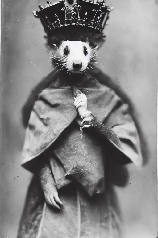 Image similar to a magnificent wet plate photo of a ferret king, wearing a crown, wearing a robe