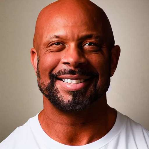 Image similar to a muscular bald middle aged black man with a goatee in an orange gym shirt, high quality portrait