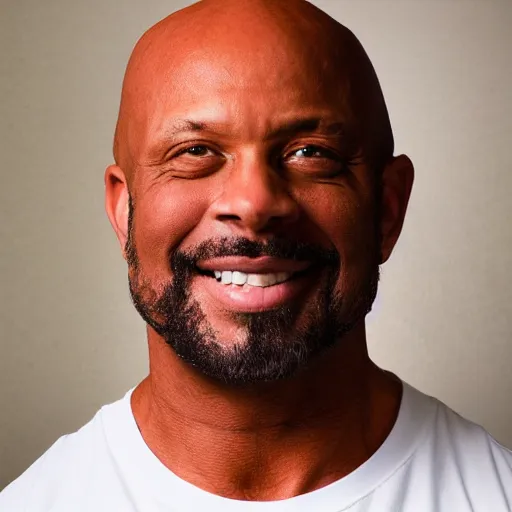 Prompt: a muscular bald middle aged black man with a goatee in an orange gym shirt, high quality portrait