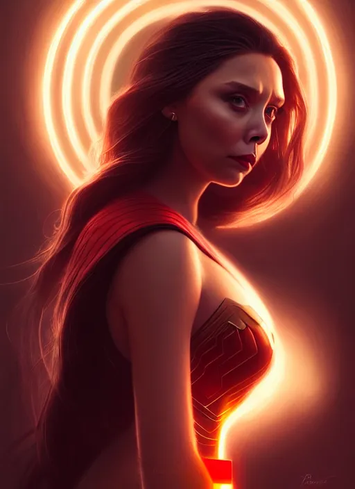 Image similar to portrait of modern darna, elizabeth olsen, intricate, elegant, glowing lights, highly detailed, digital painting, artstation, glamor pose, concept art, smooth, sharp focus, illustration, art by wlop, mars ravelo and greg rutkowski