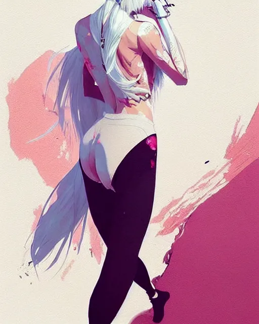 Image similar to a ultradetailed beautiful back painting of a stylish woman with white hair in a pony tail, she is wearing jeans, by conrad roset, greg rutkowski and makoto shinkai trending on artstation